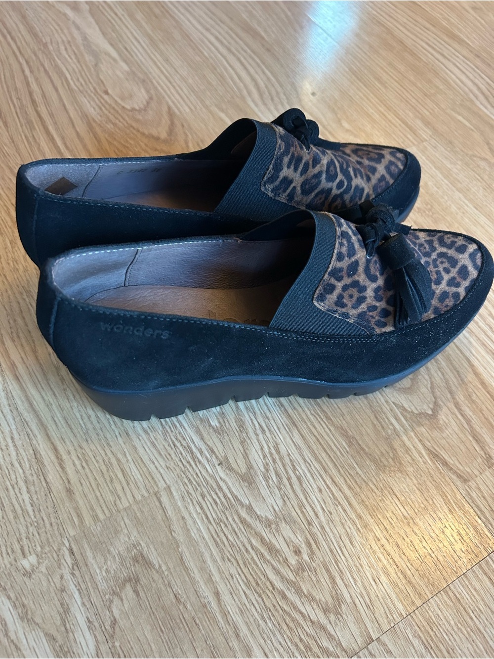 Wonders Black Suede Loafers with Leopard Print Accent